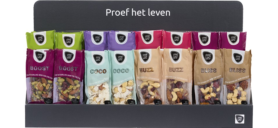 Levenslust presentatiedisplay gevuld met kleurrijke snackzakjes
